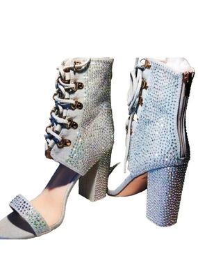 New Azalea Wang Women's 7.5 Textile Upper & Glitter Block 4" Heels Booties